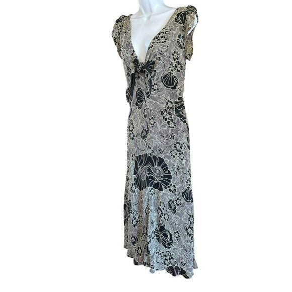 Vintage Salaam Black White Floral Print Rayon Midi Dress S/M Flowy Flouncy Y2K - Picture 3 of 6